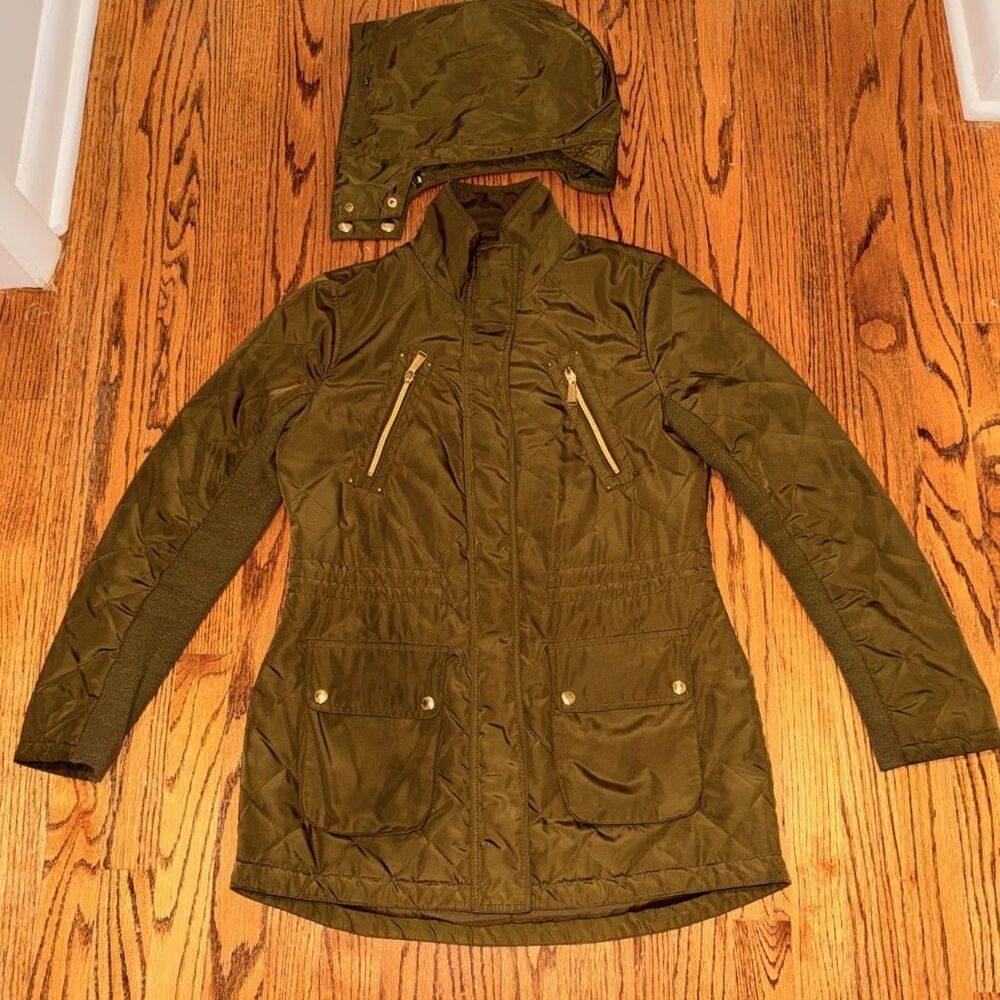 BCBGeneration Army Green Quilted Jacket Detachable Hood Gold Hardware M
